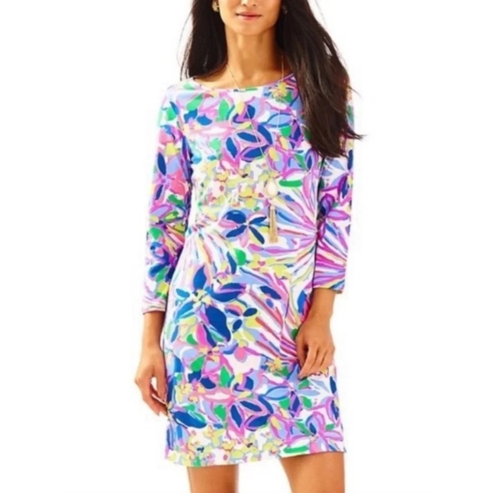 Lilly Pulitzer Marlowe Dress Havin A Blast Womens LG Pima Cotton 3/4 Sleeve